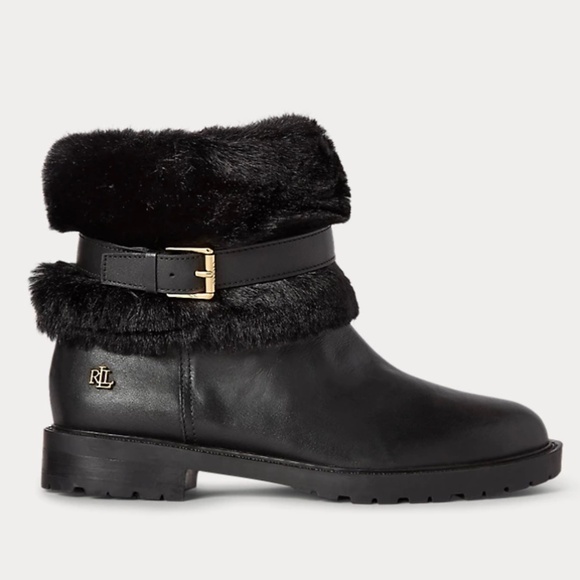 Ralph Lauren Evanston Waterproof Black Leather Winter Warm Fur Moto Boots 7 - Picture 3 of 13